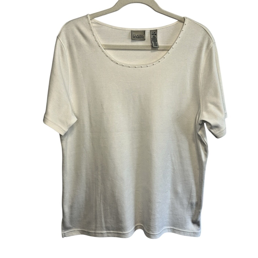 Classic White T-Shirt Size Womens L Short Sleeve Beaded Neckline Elegant